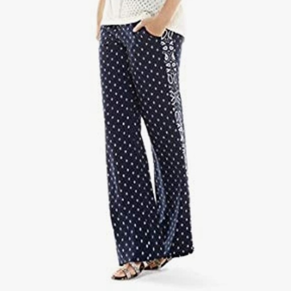 Cabi Wide Leg Track Star Trouser Pockets Paisley Bandana Print Navy Pant Size 8 - Picture 1 of 16